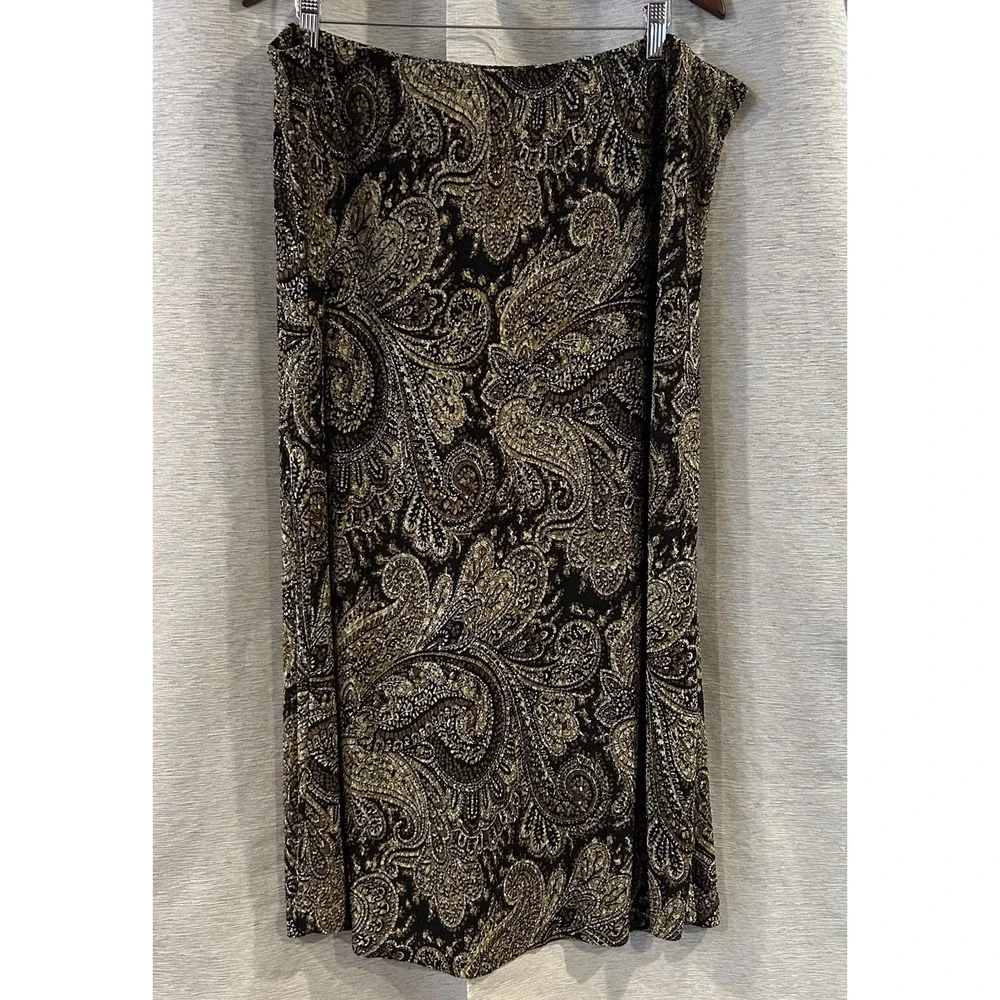 Maggie Barnes Womens 2X Brown Gold Paisley Maxi Skirt BOHO Neutral Fall Timeless